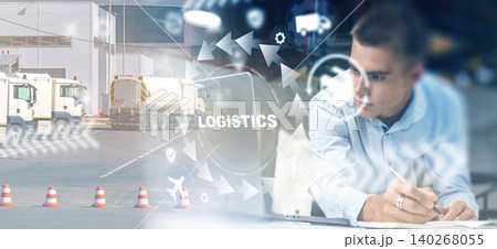 Logistics planning takes place in a busy transport and shipping area during the day Logistics planning takes place in a busy transport and shipping area during the day 140268055