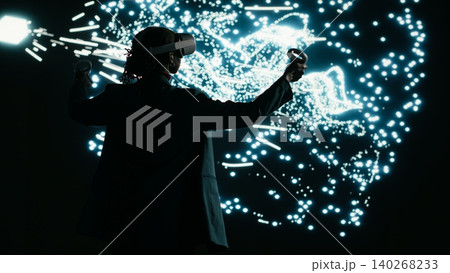 Programmer optimizes AI neural network data flow using virtual reality simulation, adjusting nodes. Computer scientist uses VR headset gear to manipulate artificial intelligence architecture, camera B 140268233
