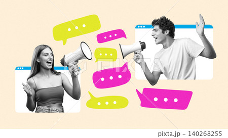 People share news and messages using megaphones in a conversation setting 140268255