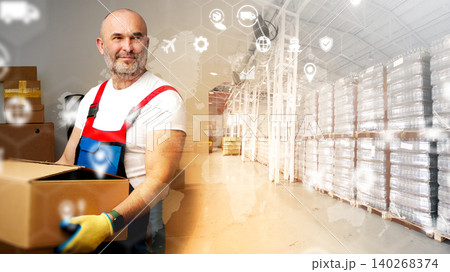 Worker carrying box in logistics warehouse with shelves of packages and digital icons 140268374
