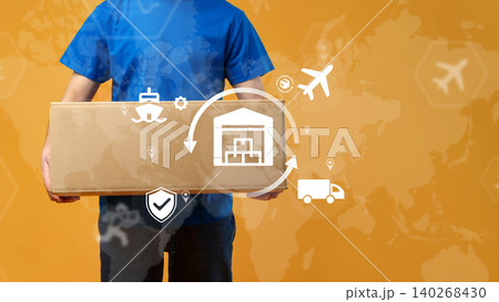 Person holds a large cardboard box with logistics icons in background showing shipping methods 140268430