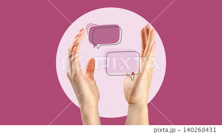 Hands hold speech bubbles to represent communication and news updates Hands hold speech bubbles to represent communication and news updates 140268431