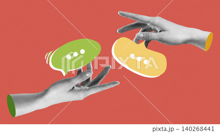 Hands exchanging speech bubbles to represent communication and messaging Hands exchanging speech bubbles to represent communication and messaging 140268441