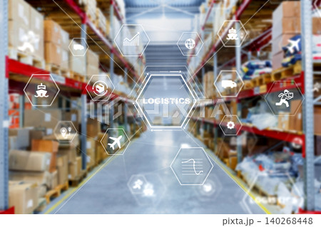 Logistics concepts displayed in a warehouse environment showing various activities and services 140268448