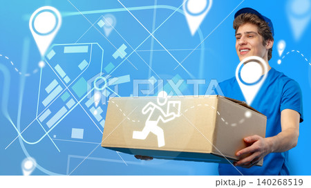 Courier delivers package while navigating through city streets using a map app Courier delivers package while navigating through city streets using a map app 140268519