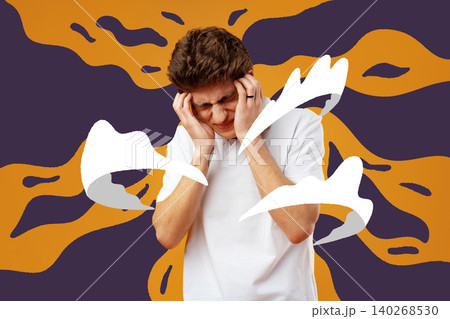 Person holds head in hands while colorful shapes fill the background in an abstract scene Person holds head in hands while colorful shapes fill the background in an abstract scene 140268530
