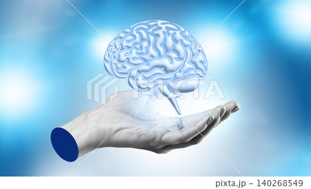 Brain held in hand on blue background showing concepts of knowledge and innovation Brain held in hand on blue background showing concepts of knowledge and innovation 140268549