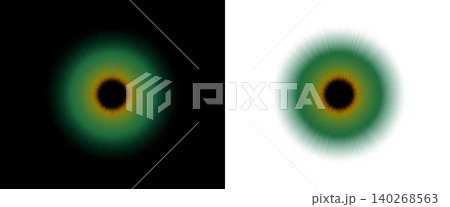 Luminous green and yellow radiating light effect with a dark center, resembling a cosmic eye or solar eclipse, on black and transparent background. Concept of visual power and mystery Luminous green and yellow radiating light effect with a dark center, resembling a cosmic eye or solar eclipse, on black and transparent background. Concept of visual power and mystery 140268563