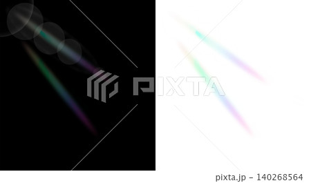 Two diagonal bright light rays with subtle rainbow colored lens flare artifacts on black and transparent backdrop. Concept of natural daylight and artistic lens quality for design Two diagonal bright light rays with subtle rainbow colored lens flare artifacts on black and transparent backdrop. Concept of natural daylight and artistic lens quality for design 140268564