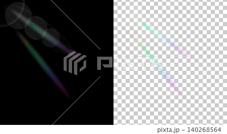 Two diagonal bright light rays with subtle rainbow colored lens flare artifacts on black and transparent backdrop. Concept of natural daylight and artistic lens quality for design Two diagonal bright light rays with subtle rainbow colored lens flare artifacts on black and transparent backdrop. Concept of natural daylight and artistic lens quality for design 140268564