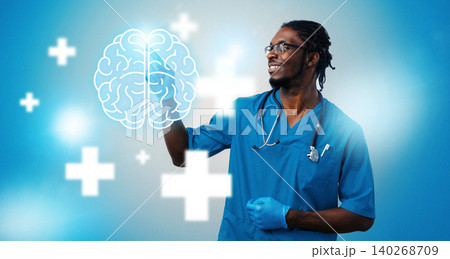 Person in blue scrubs interacts with digital brain graphic in medical setting during day Person in blue scrubs interacts with digital brain graphic in medical setting during day 140268709