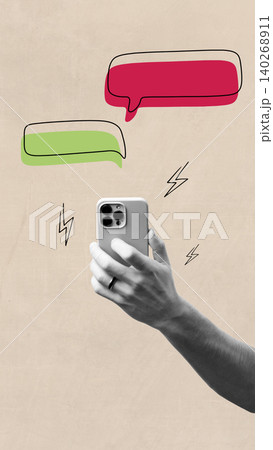 Hand holding smartphone with chat bubbles showing messages and news on a background Hand holding smartphone with chat bubbles showing messages and news on a background 140268911