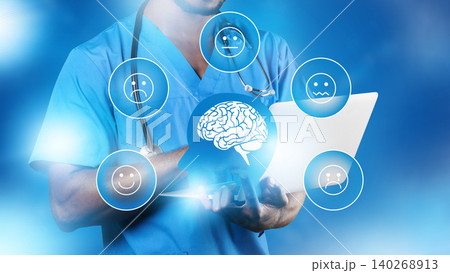 Healthcare worker using technology to monitor patient mental health in a clinical setting Healthcare worker using technology to monitor patient mental health in a clinical setting 140268913