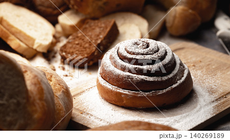 Fresh baked bread and pastry displayed on a wooden board in a bakery at morning Fresh baked bread and pastry displayed on a wooden board in a bakery at morning 140269189