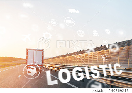 Trucks on a highway transport goods for logistics operations at sunset 140269218
