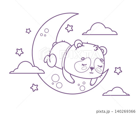 Outline Panda Bear Sleeping On Crescent Moon With Clouds And Stars. Cute Kawaii Cartoon little Animal. Magical Dreamy Night. Line drawing, coloring page book. Vector illustration. Kids collection. Outline Panda Bear Sleeping On Crescent Moon With Clouds And Stars. Cute Kawaii Cartoon little Animal. Magical Dreamy Night. Line drawing, coloring page book. Vector illustration. Kids collection. 140269366