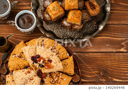 Close up photo of turkish national desserts with cup of coffee 140269446