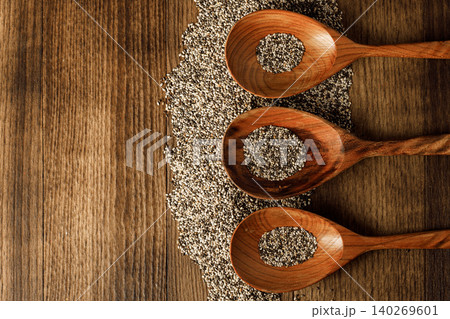 Wooden spoon with chia seeds close up Wooden spoon with chia seeds close up 140269601