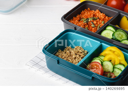 Lunch box with cooked buckwheat and fresh vegetable salad Lunch box with cooked buckwheat and fresh vegetable salad 140269895