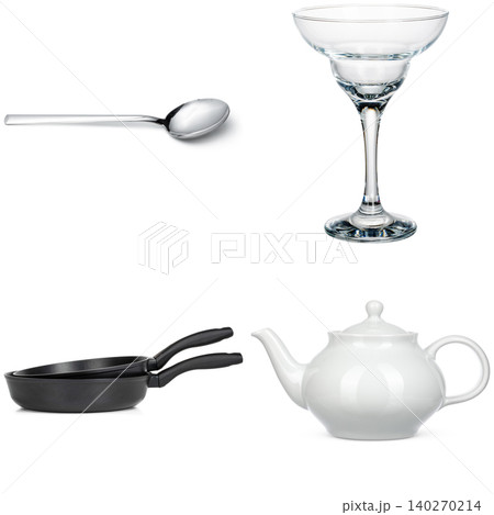 Collage of crockery and cutlery on white background 140270214