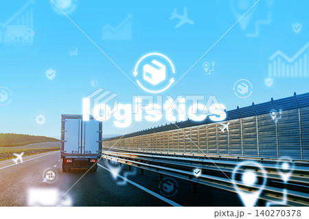 Logistics truck driving on road with symbols of delivery and transportation Logistics truck driving on road with symbols of delivery and transportation 140270378
