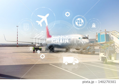 Logistics process at an airport with focus on supply chain management and airplane Logistics process at an airport with focus on supply chain management and airplane 140270381