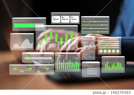 Business chart showing digital marketing data on a laptop screen in an office setting Business chart showing digital marketing data on a laptop screen in an office setting 140270383