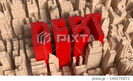 Red Debt Text Rising Above City Maze 3d render. Red Debt Text Rising Above City Maze 3d render. 140270872