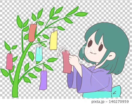 一個女孩正在用紙條裝飾竹枝。 140270959