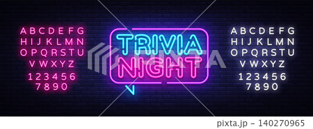 Trivia night announcement neon signboard vector. Light Banner, Design element, Night Neon Advensing. Vector illustration. Editing text neon sign 140270965