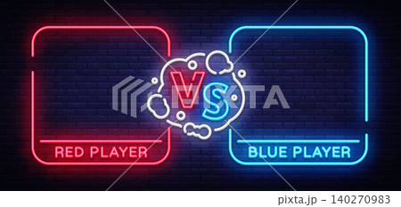 Versus screen design in neon style. Neon banner Announcement of two fighters. Blue futuristic neon VS leaves. Competition vs match game, martial battle vs sport. Vector illustration Versus screen design in neon style. Neon banner Announcement of two fighters. Blue futuristic neon VS leaves. Competition vs match game, martial battle vs sport. Vector illustration 140270983