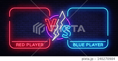 Versus screen design in neon style. Neon banner Announcement of two fighters. Blue futuristic neon VS leaves. Competition vs match game, martial battle vs sport. Vector illustration Versus screen design in neon style. Neon banner Announcement of two fighters. Blue futuristic neon VS leaves. Competition vs match game, martial battle vs sport. Vector illustration 140270984