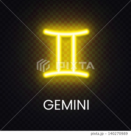 Yellow Gemini zodiac neon sign with radiant light effect. Modern astrology symbol for horoscope banner, cosmic illustration and celestial design. Yellow Gemini zodiac neon sign with radiant light effect. Modern astrology symbol for horoscope banner, cosmic illustration and celestial design. 140270989