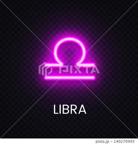 Pink Libra zodiac neon sign glowing on transparent background. Astrology symbol for horoscope design, cosmic branding and mystical decoration. 140270993