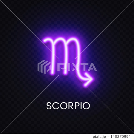 Purple Scorpio neon icon with bright luminous effect. Zodiac emblem for horoscope banner, spiritual theme and celestial illustration. Purple Scorpio neon icon with bright luminous effect. Zodiac emblem for horoscope banner, spiritual theme and celestial illustration. 140270994