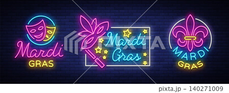 Mardi Gras vector, set of symbols,with holiday greetings, festive card. Fat Tuesday, festive illustration in neon style, luminous banner, neon sign, bright billboard. Design a template for a carnival Mardi Gras vector, set of symbols,with holiday greetings, festive card. Fat Tuesday, festive illustration in neon style, luminous banner, neon sign, bright billboard. Design a template for a carnival 140271009