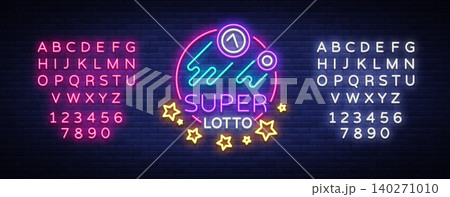 Super loto neon sign. Bingo lotto logo in a neon style, bright symbol, lototron, neon banner, bright night advertising for your projects. Vector Illustrations. Editing text neon sign 140271010