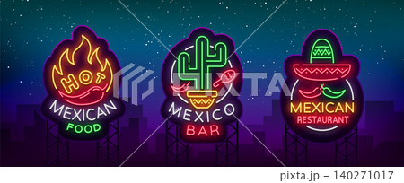 Mexican food is a collection of neon signs. Bright glow sign, neon banner, luminous logo, symbol, nightly advertisement of Mexican food. Design template for restaurant, bar, cafe. Vector illustration Mexican food is a collection of neon signs. Bright glow sign, neon banner, luminous logo, symbol, nightly advertisement of Mexican food. Design template for restaurant, bar, cafe. Vector illustration 140271017