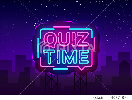 Quiz Time announcement poster neon signboard vector. Pub Quiz vintage styled neon glowing letters shining, Light Banner, Questions team game.Vector illustration. Billboard Quiz Time announcement poster neon signboard vector. Pub Quiz vintage styled neon glowing letters shining, Light Banner, Questions team game.Vector illustration. Billboard 140271029