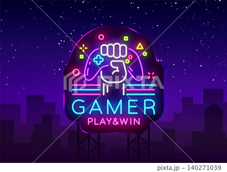 Gamer Play Win logo neon sign Vector logo design template. Game night logo in neon style, gamepad in hand, modern trend design, light banner, bright nightlife advertisement. Vector Billboard Gamer Play Win logo neon sign Vector logo design template. Game night logo in neon style, gamepad in hand, modern trend design, light banner, bright nightlife advertisement. Vector Billboard 140271039