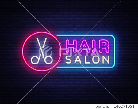 Hair Salon neon sign vector. Hairdress Design template neon sign, light banner, neon signboard, nightly bright advertising, light inscription. Vector illustration 140271051