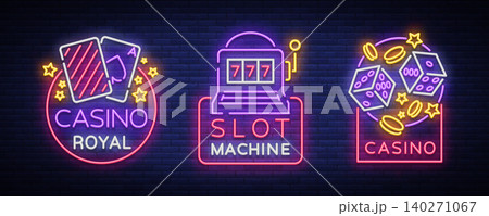 Casino is a set of neon signs. Collection of neon logos slot machine gambling emblem, the bright banner neon casino for your projects. Night light billboard, design element. Vector illustration Casino is a set of neon signs. Collection of neon logos slot machine gambling emblem, the bright banner neon casino for your projects. Night light billboard, design element. Vector illustration 140271067