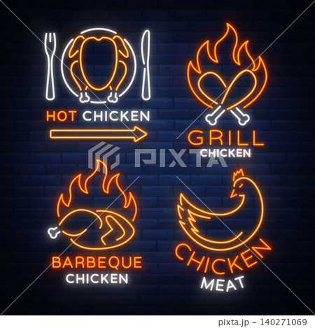 Set logo, signs, banners chicken in neon style for a grocery store and restaurants. Neon sign, night bright advertisement. Barbecue chicken, grilled chicken. Vector illustration Set logo, signs, banners chicken in neon style for a grocery store and restaurants. Neon sign, night bright advertisement. Barbecue chicken, grilled chicken. Vector illustration 140271069