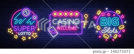 Casino set of logos in neon style. Design template. Neon sign collection, light banner, billboard, bright light advertising gambling, casino, poker, slot machines, bingo lotto. Vector illustration 140271071