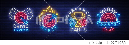 Darts collection of neon signs. Vector illustration. Bright nightly Darts advertising, neon logo, symbol, lightweight banner, design template for your projects 140271083