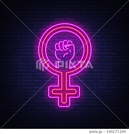 Female gender symbol neon sign vector. Feminism night light symbol, icon. Feminist protest symbol in neon style. Design a template for Equality Female gender symbol neon sign vector. Feminism night light symbol, icon. Feminist protest symbol in neon style. Design a template for Equality 140271104