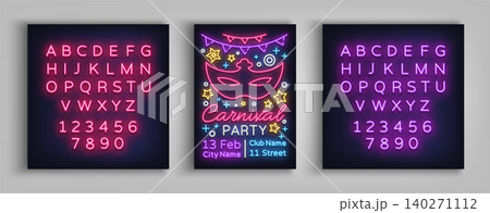 Carnival party design template, brochure, poster in neon style. Bright luminous invitation to the carnival party, masquerade. Neon sign, flyer. Mardi Gras Vector illustration. Editing text neon sign Carnival party design template, brochure, poster in neon style. Bright luminous invitation to the carnival party, masquerade. Neon sign, flyer. Mardi Gras Vector illustration. Editing text neon sign 140271112