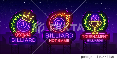 Billiards collection of logos neon style. Neon signs set design template for Billiard bar, club, beer and billiards, royal, light banner, night neon advertisement, design element. Vector. Billboard 140271136