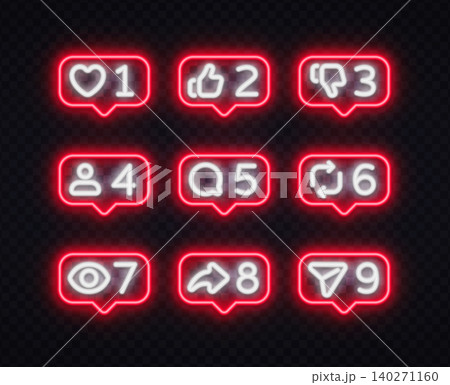 Set of 9 neon red social media notification bubbles with like, dislike, comment, follow, share and view icons on dark background. Glowing UI elements for app or website design Set of 9 neon red social media notification bubbles with like, dislike, comment, follow, share and view icons on dark background. Glowing UI elements for app or website design 140271160