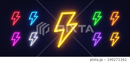 Set of 9 neon lightning bolt icons in red, blue, yellow, green, orange, pink, purple and white on dark transparent background. Colorful electric thunder symbols for game, sport or energy design. Set of 9 neon lightning bolt icons in red, blue, yellow, green, orange, pink, purple and white on dark transparent background. Colorful electric thunder symbols for game, sport or energy design. 140271162